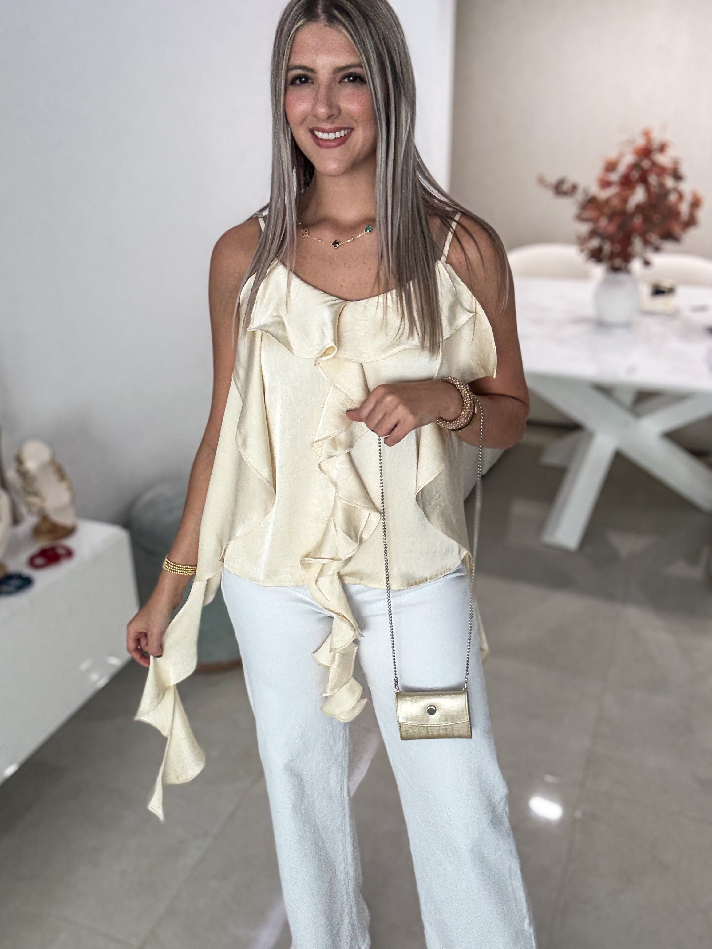 CREAM SATIN CASCADE HEM CAMI BLOUSE