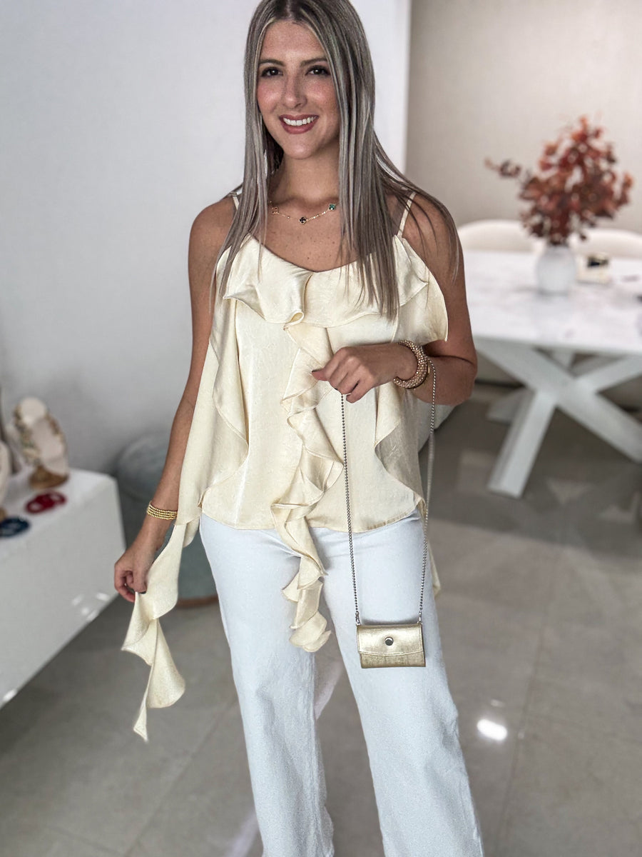 CREAM SATIN CASCADE HEM CAMI BLOUSE
