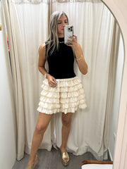 BLACK/CHAMPAGNE KNITTED RUFFLED DRESS