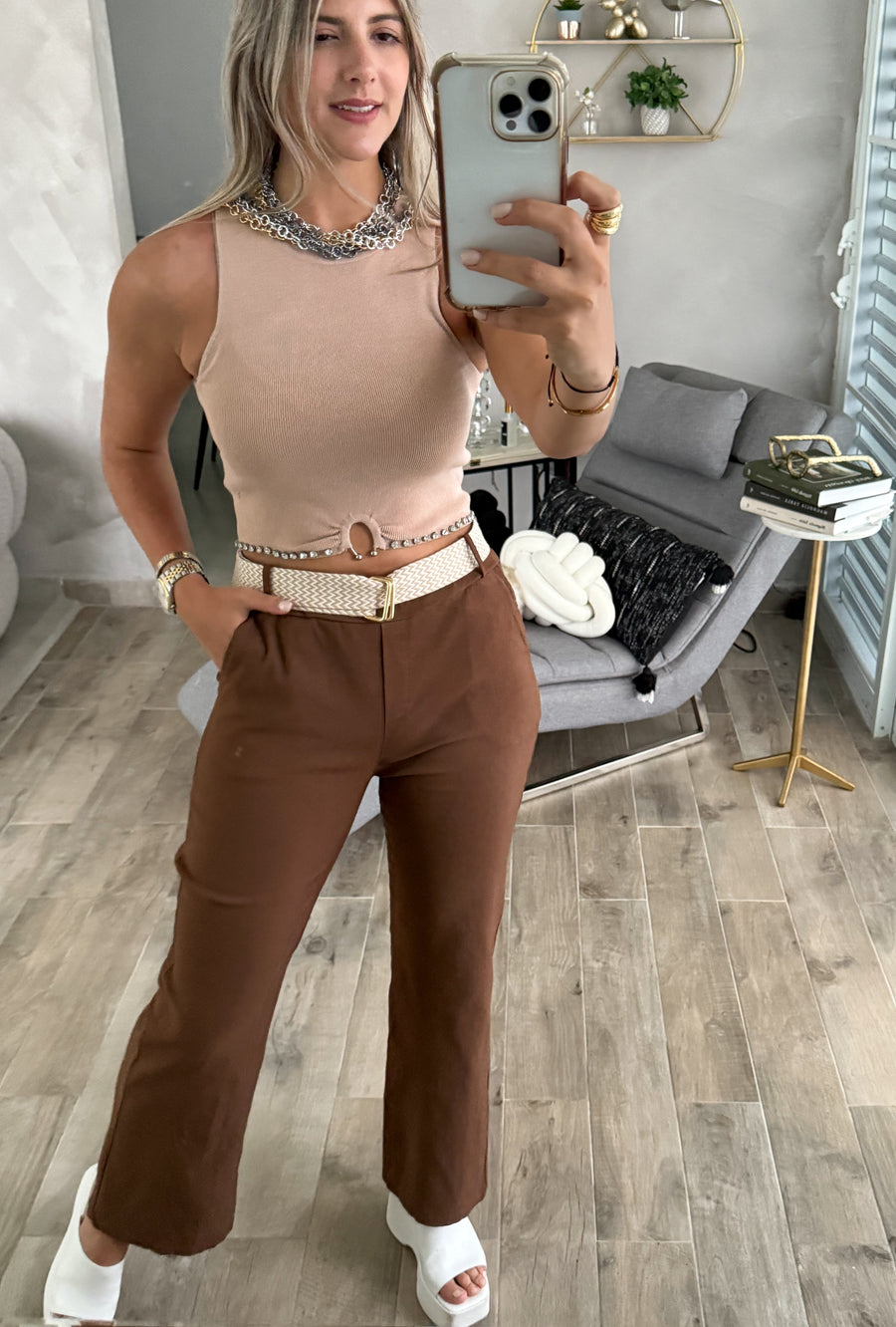 BEIGE RHINESTONE TANK TOP