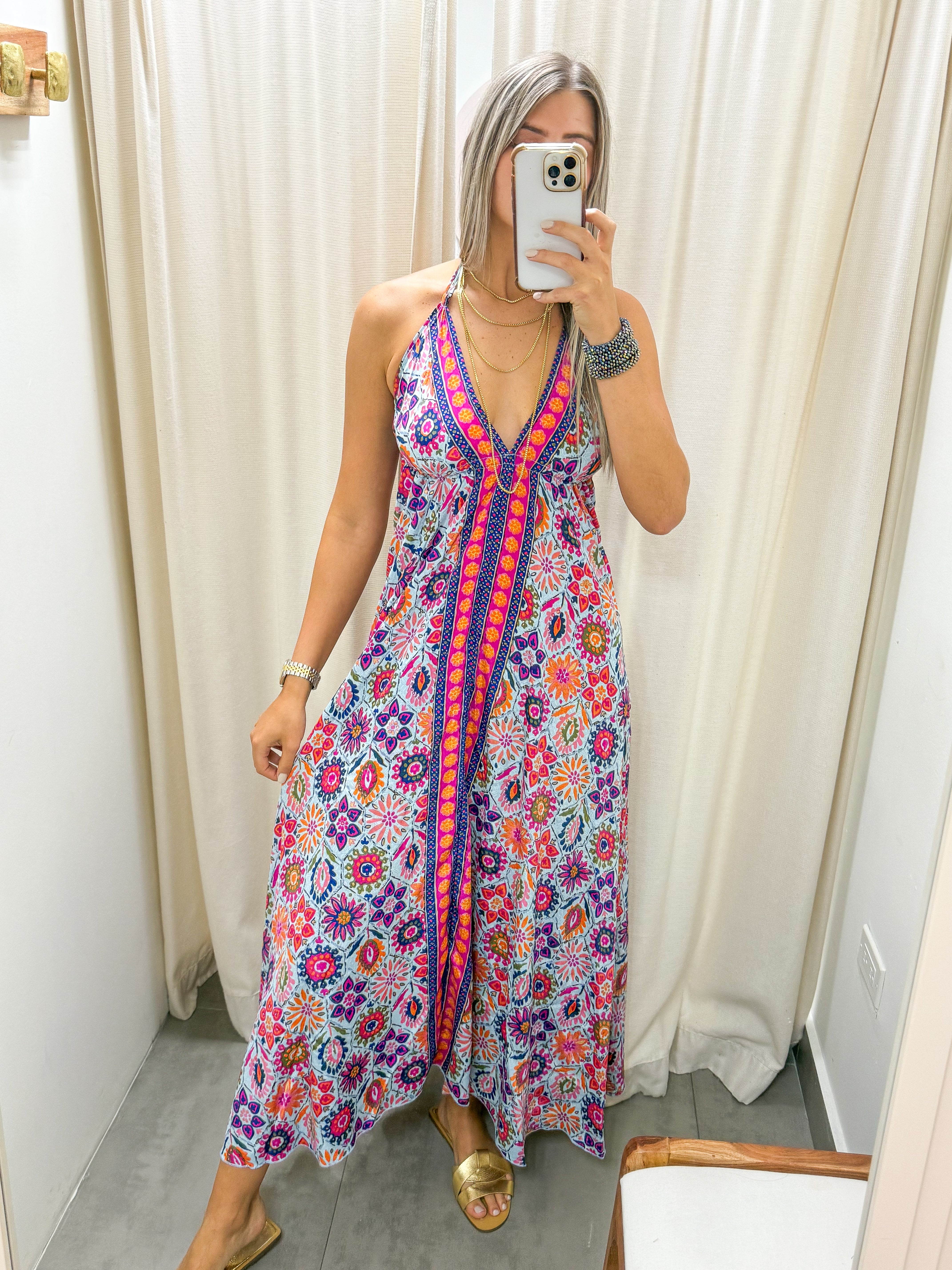 MULTICOLOR FLORAL HALTER MAXI DRESS
