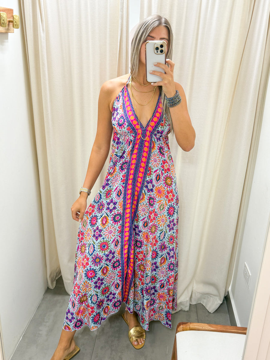 MULTICOLOR FLORAL HALTER MAXI DRESS