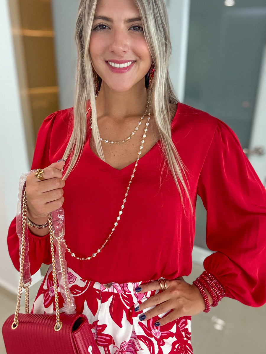 RED SILKY V-NECK BLOUSE