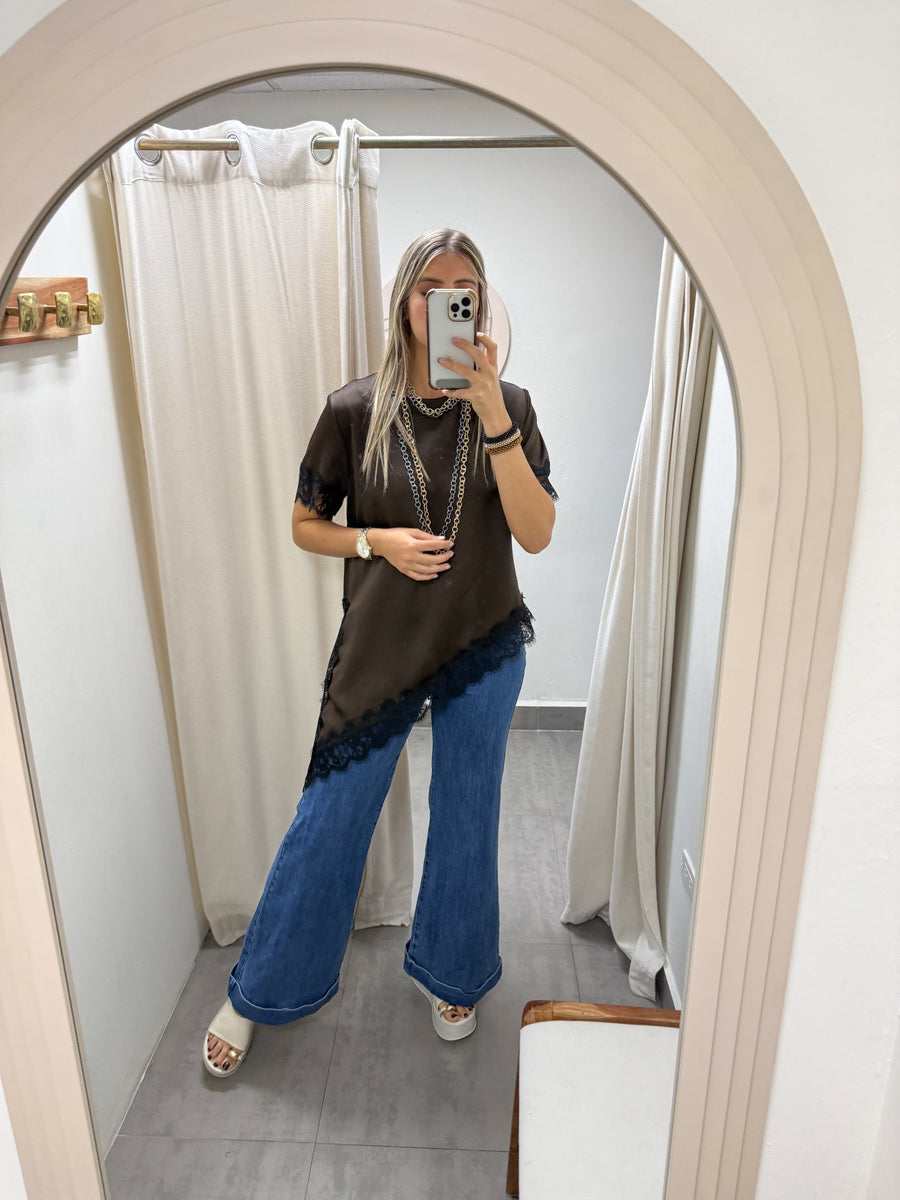 ONE SIZE SATIN LACE SHORT SLEEVE TOPS