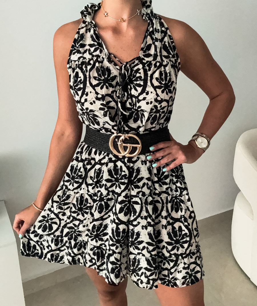 BLACK/GRAY TIERED SHORT DRESS