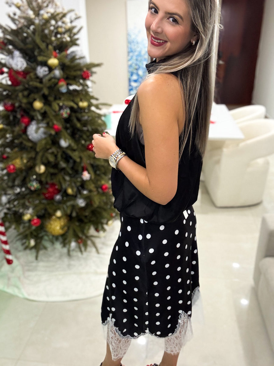 BLACK BEADED EMBELLISHMENTS HALTER BLOUSE