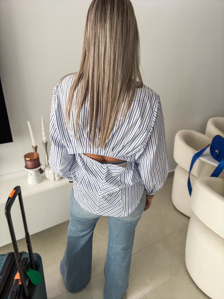 STRIPED BLUE OPEN BACK BLOUSE