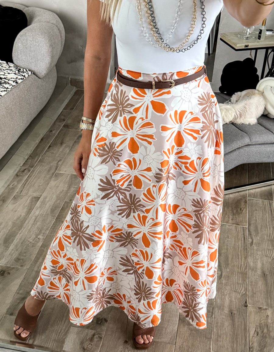 BEIGE/ORANGE BELTED FLORAL PRINT SKIRT