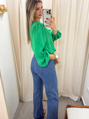 GREEN SILKY V-NECK BLOUSE