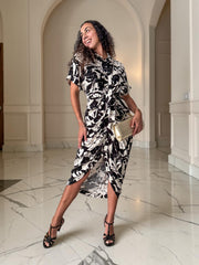 BLACK PRINTED WRAP DRESS