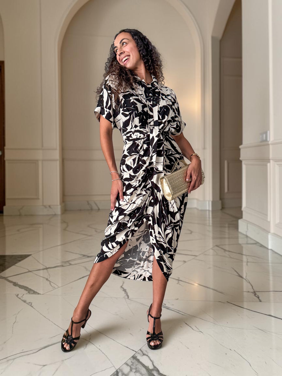 BLACK PRINTED WRAP DRESS