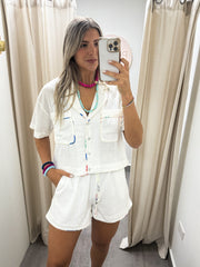 WHITE COLORFUL BORDER TOP & SHORTS SET