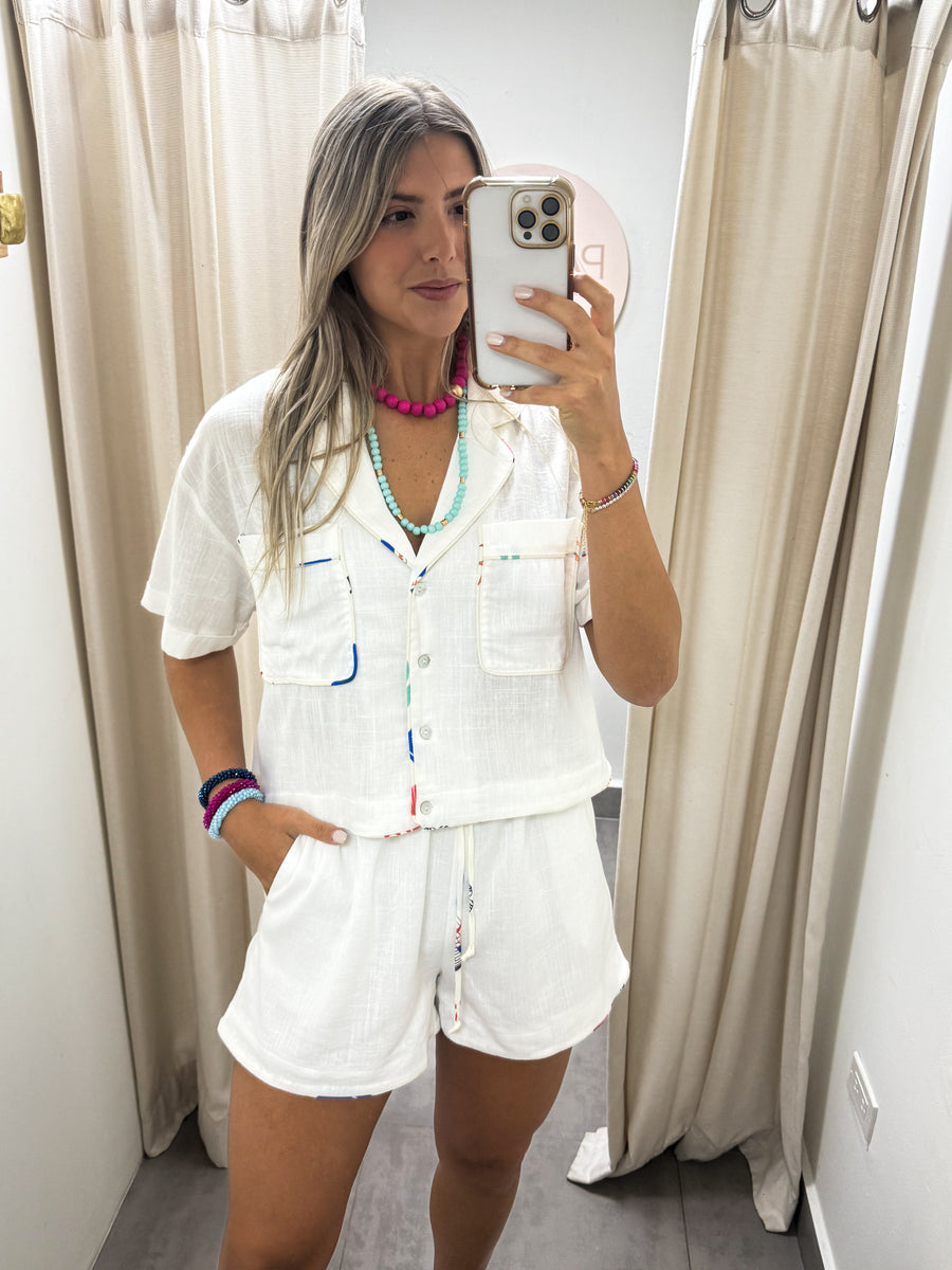 WHITE COLORFUL BORDER TOP & SHORTS SET