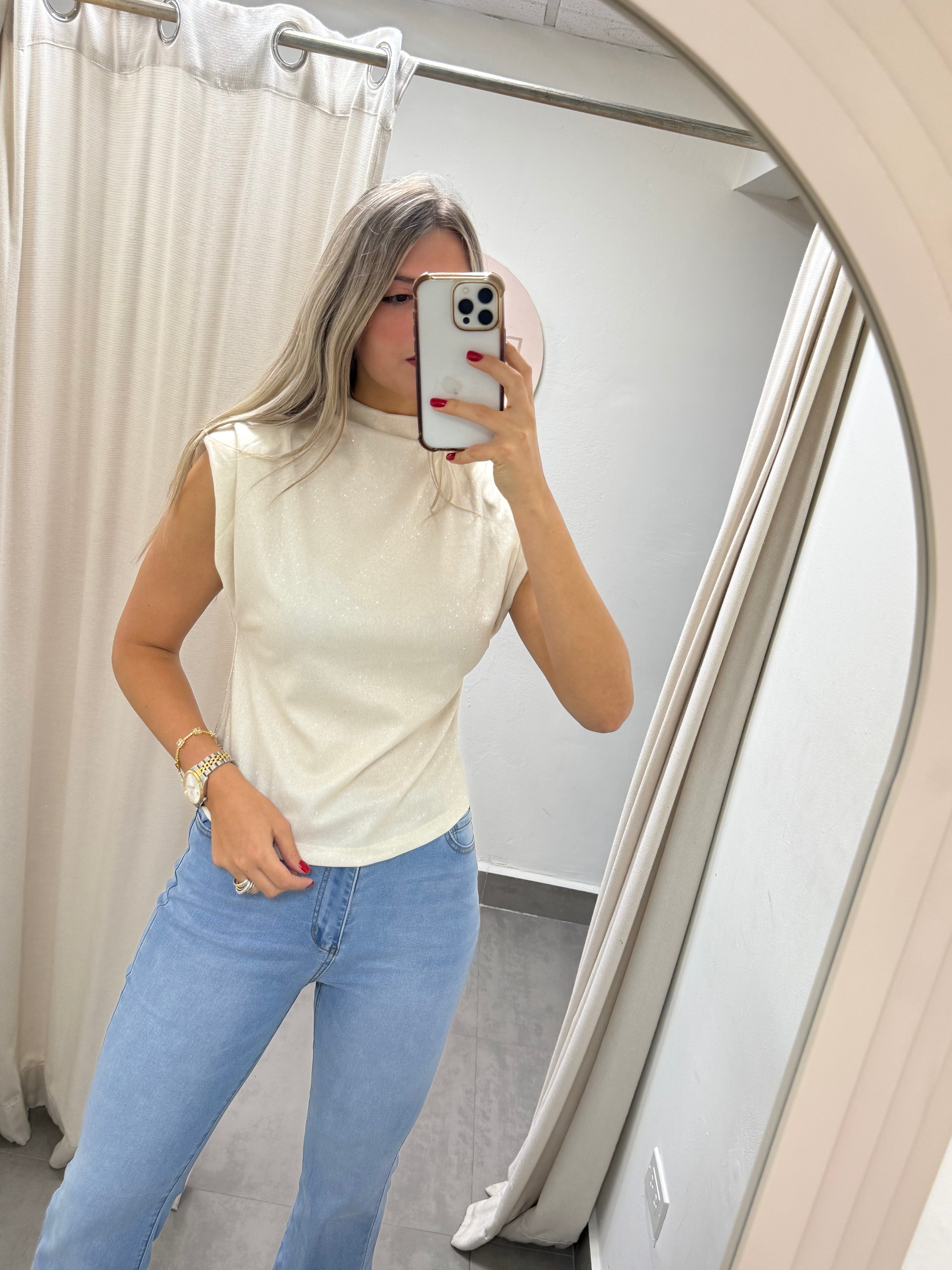 IVORY GLITTER MOCK NECK BLOUSE