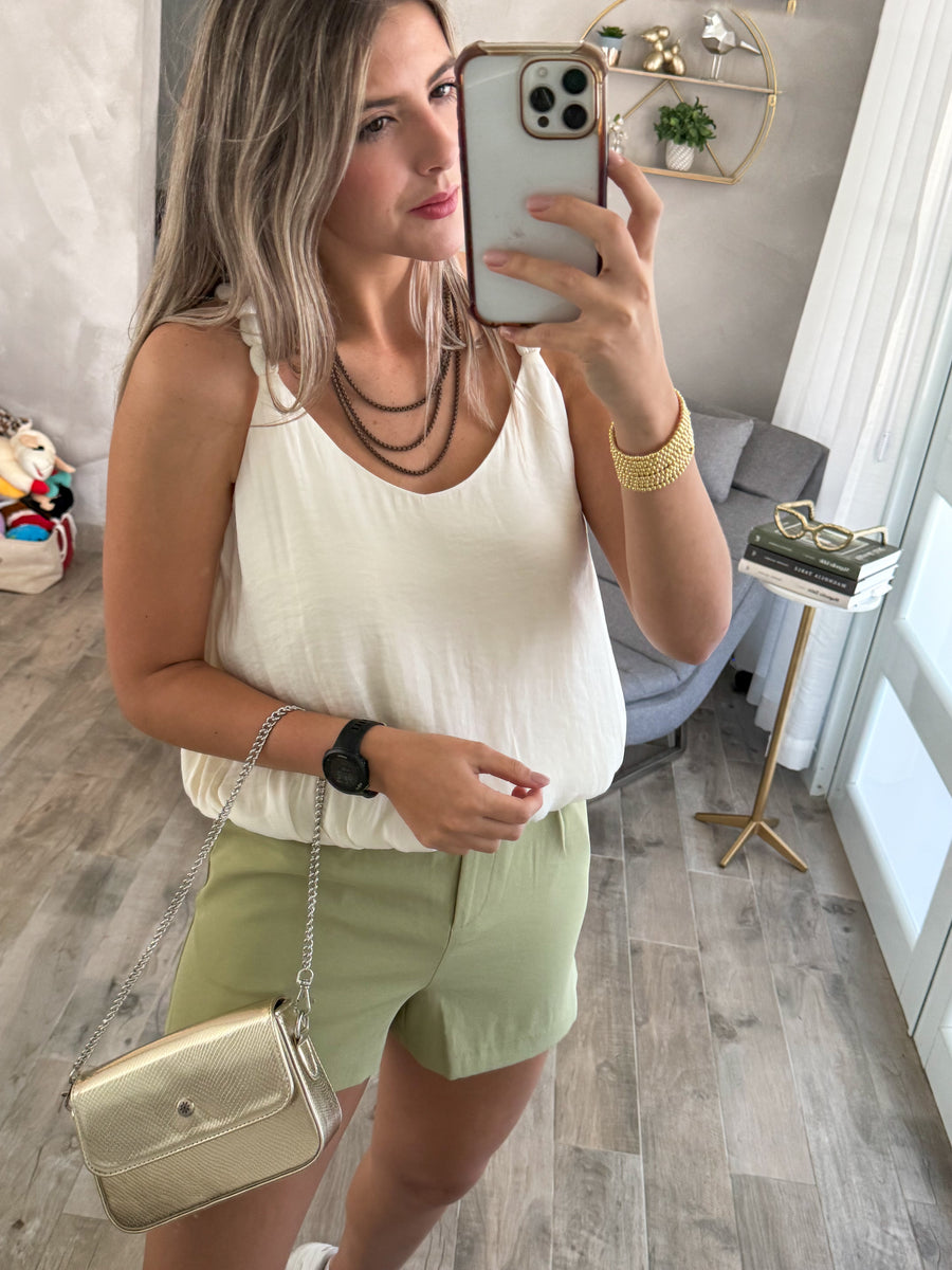VANILLA SATIN ELABORATED STRAP TANK BLOUSE