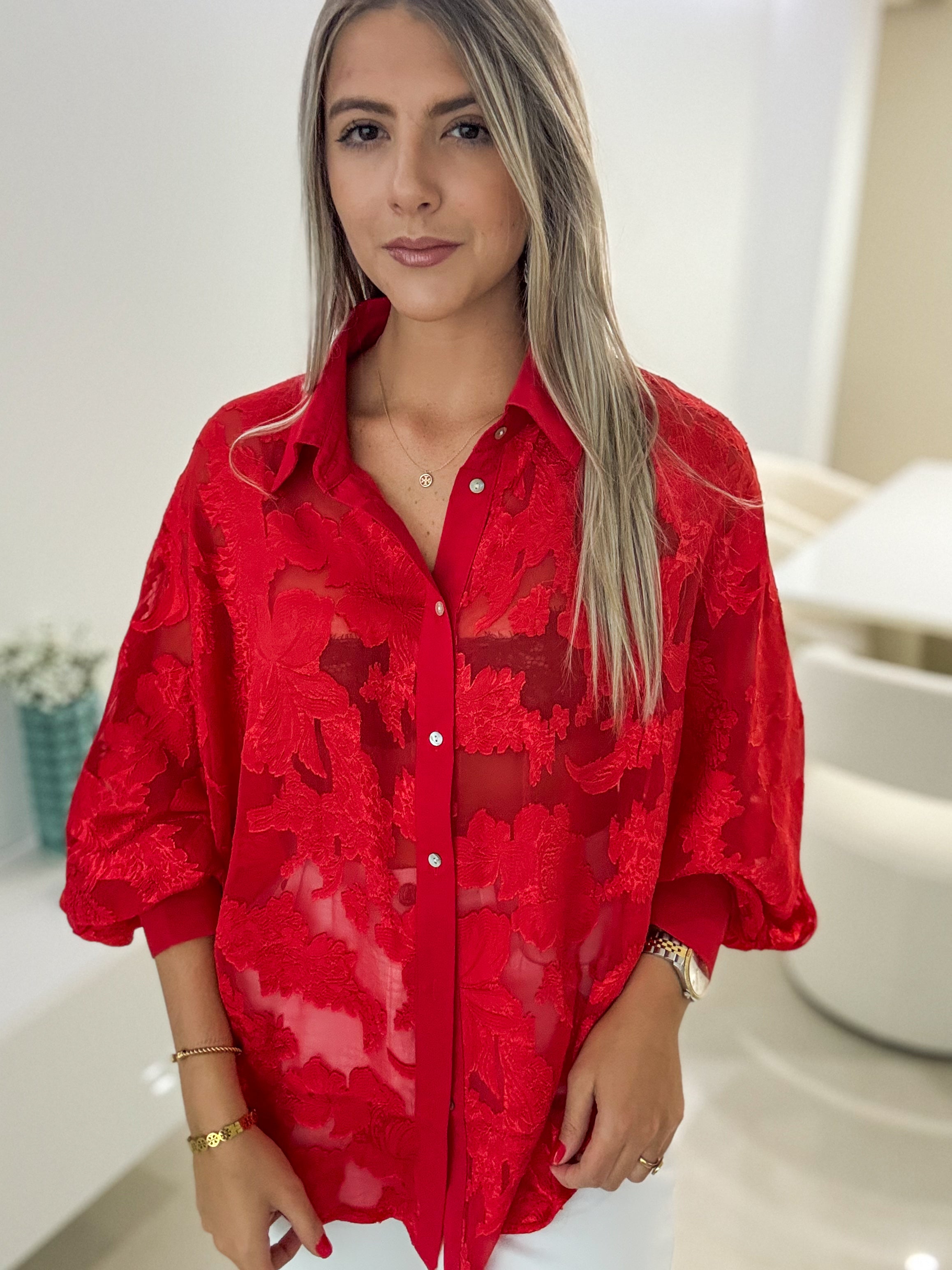 RED SATIN EMBROIDED DETAIL BLOUSE