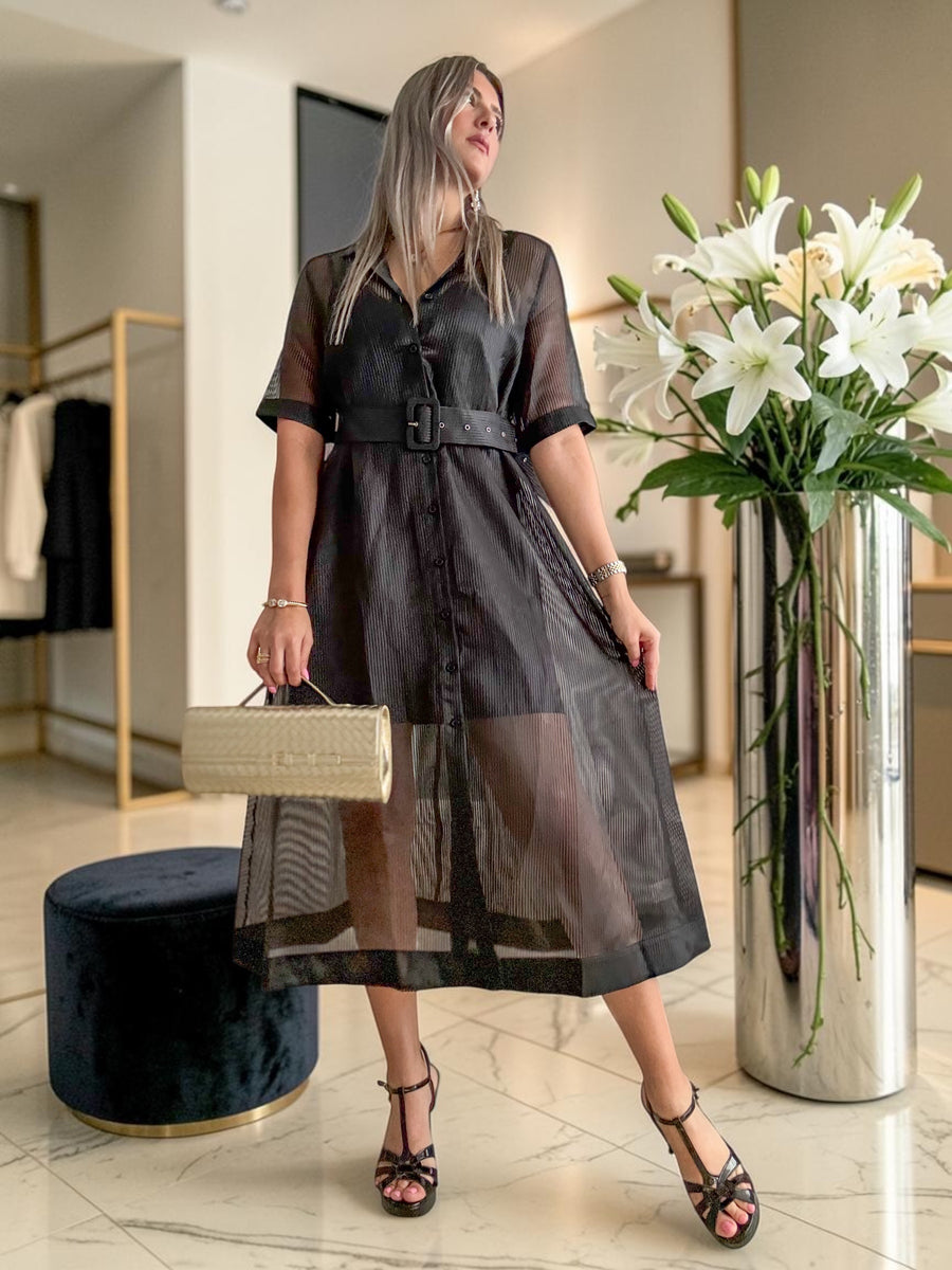 BLACK BELTED MESH DRESS