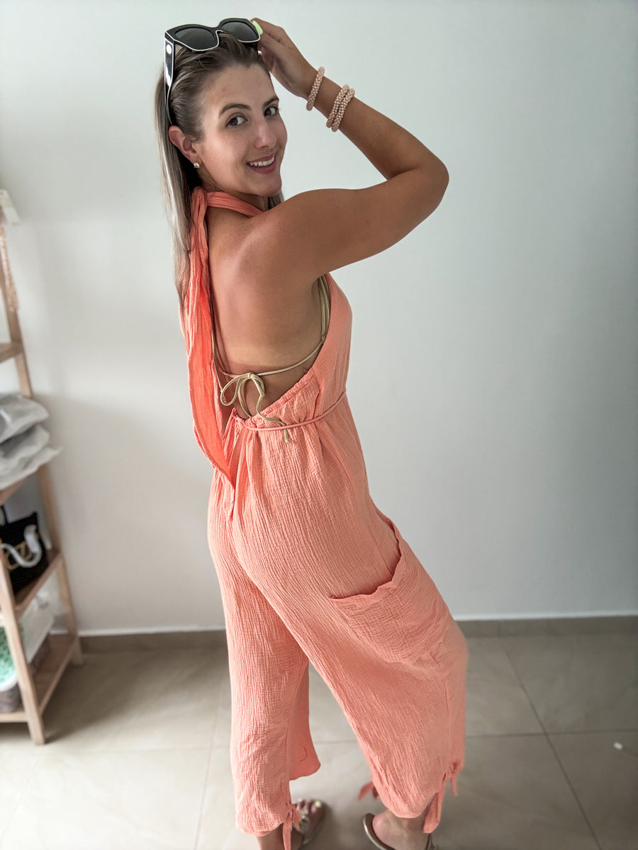 PEACH GAUZE HALTER JUMPSUIT