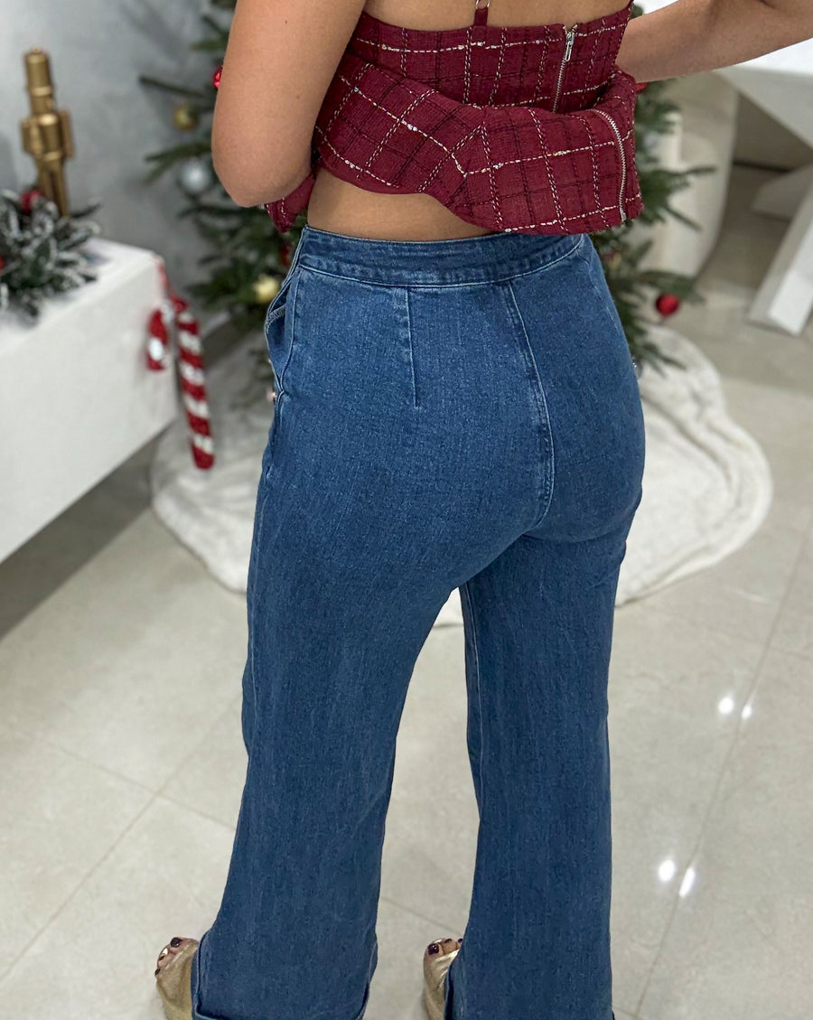 DENIM BUTTON DETAIL HIGH WAIST PANTS