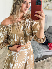 TAN SATIN HAMMERED OFF SHOULDER TOP
