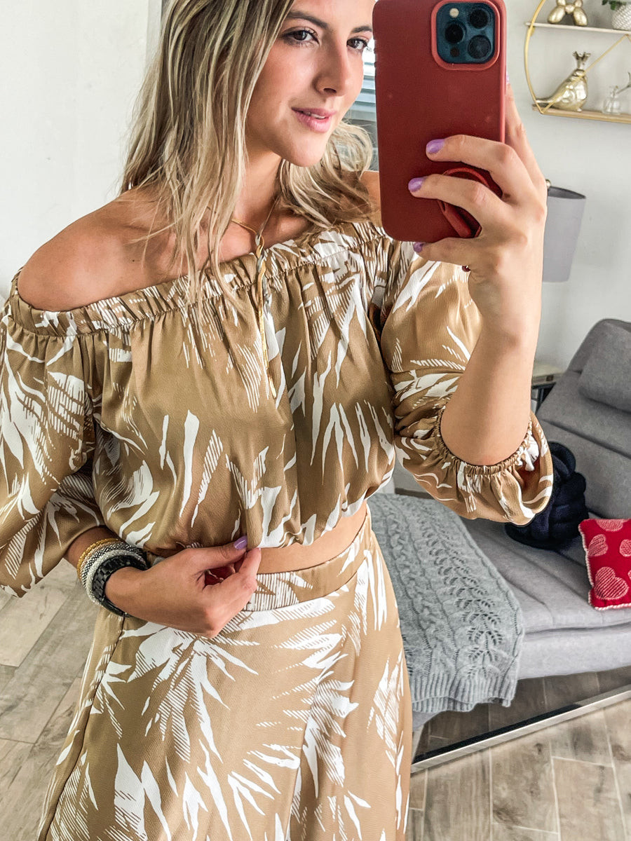 TAN SATIN HAMMERED OFF SHOULDER TOP