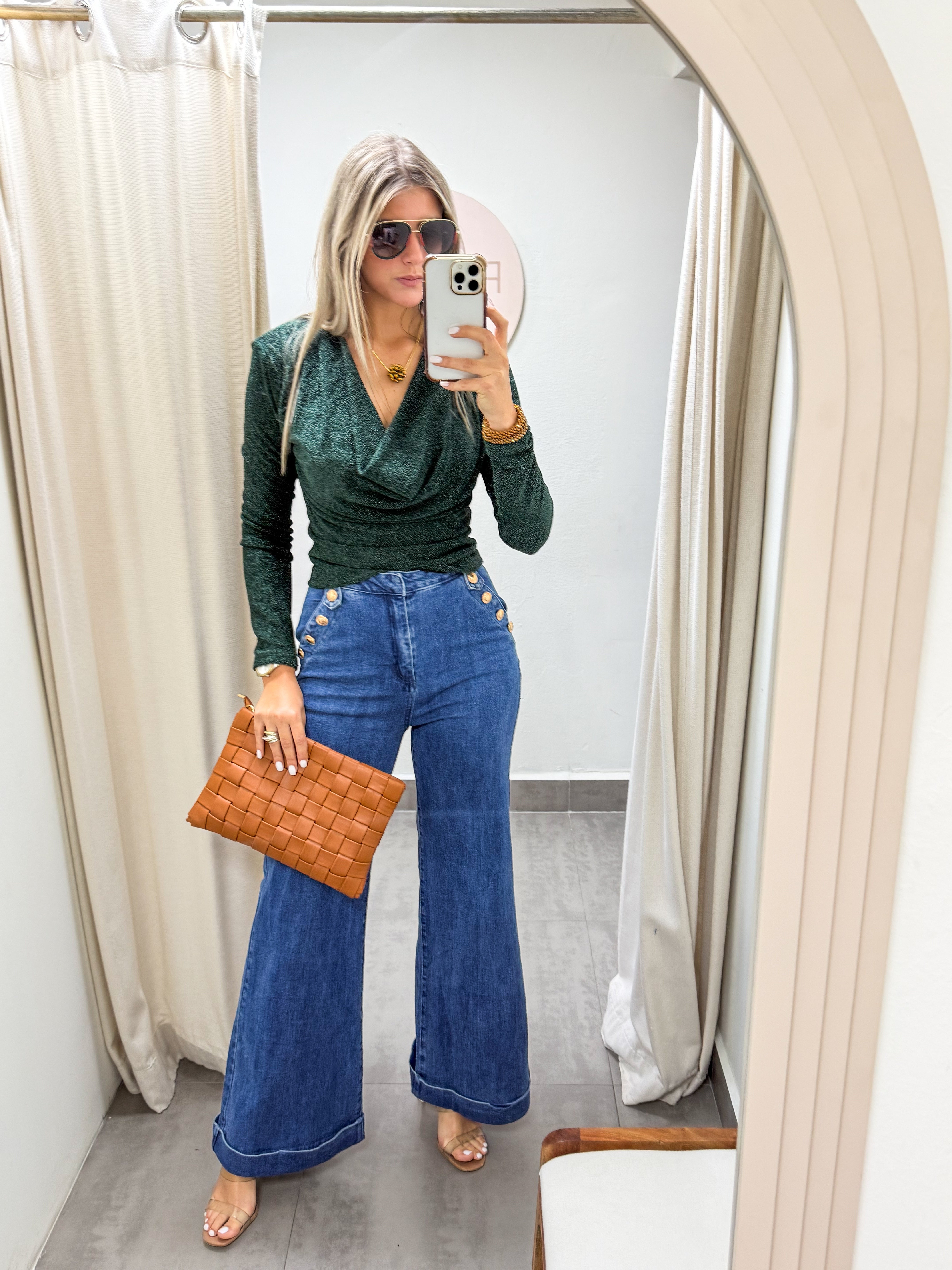 HUNTER GREEN METALLIC LONG SLEEVE COWL NECK BLOUSE