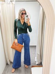 HUNTER GREEN METALLIC LONG SLEEVE COWL NECK BLOUSE