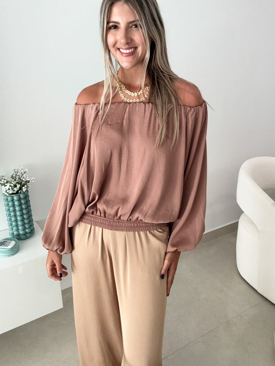 MOCHA SATIN OFF SHOULDER BLOUSE