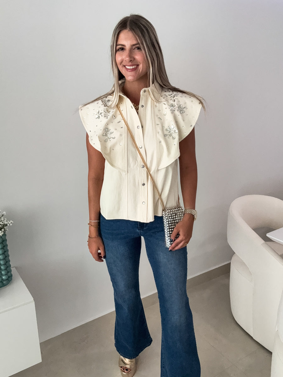 BEIGE DENIM SILVER GEMS BLOUSE