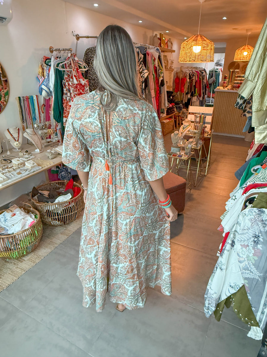 TURQUOISE/ORANGE KIMONO MIDI DRESS