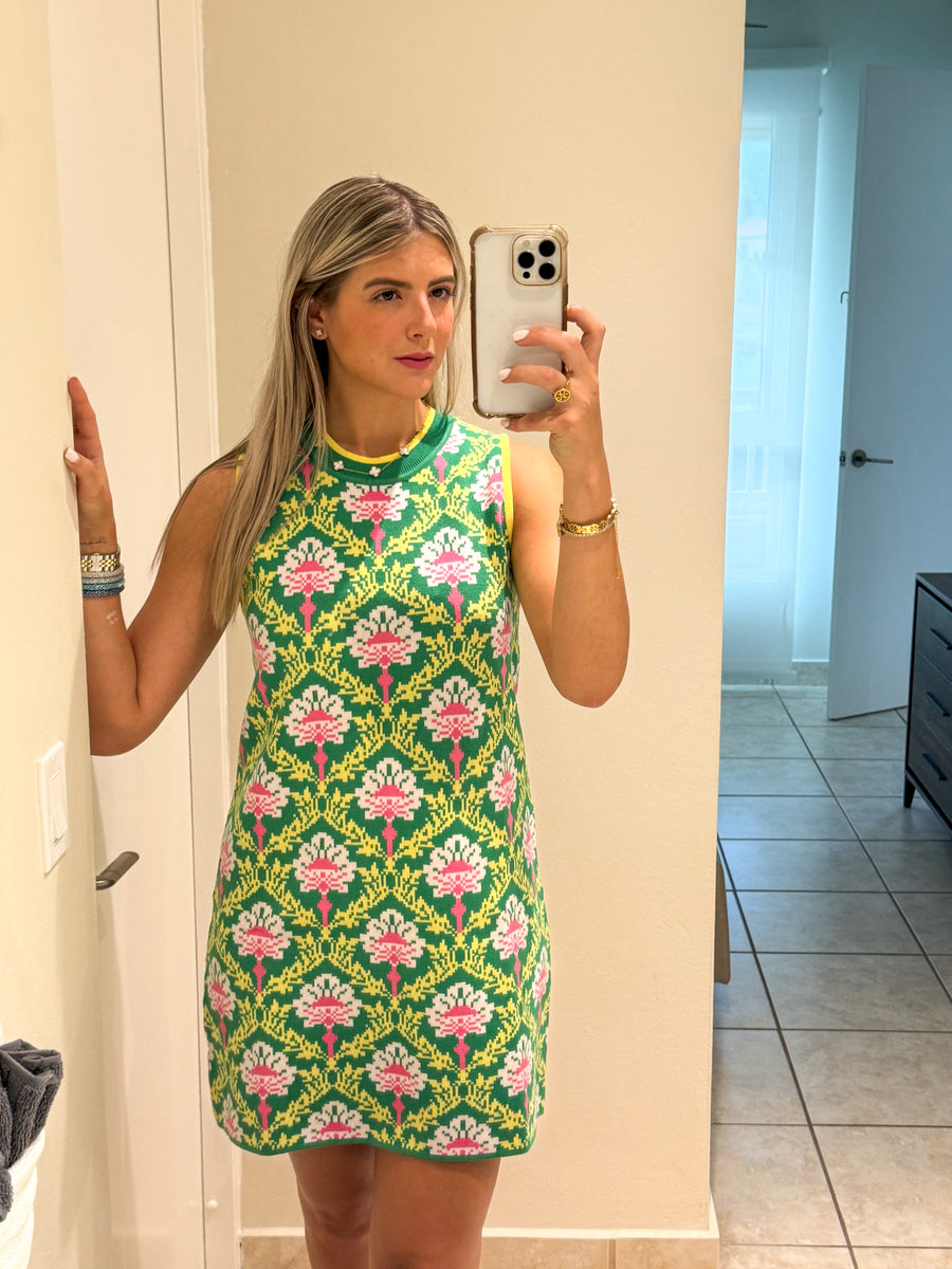GREEN/PINK PRINTED DRESS