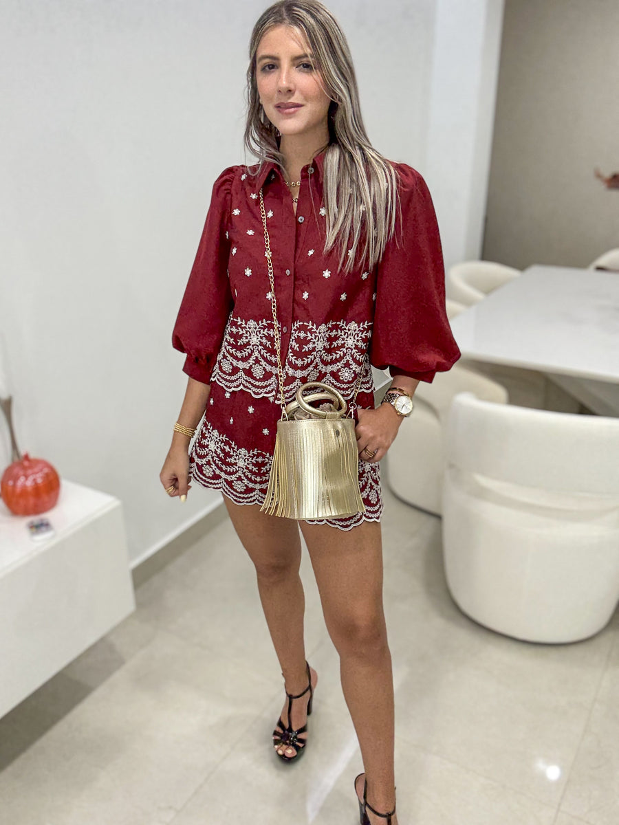 WINE EMBROIDED SHORTS