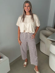 BROWN STRIPED BARREL PANTS