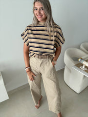 KHAKI/NAVY STRIPED MOCK NECK BLOUSE