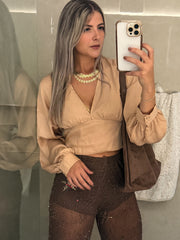 BROWN SUN BEADED SHEER HUGH WAIST PANTS