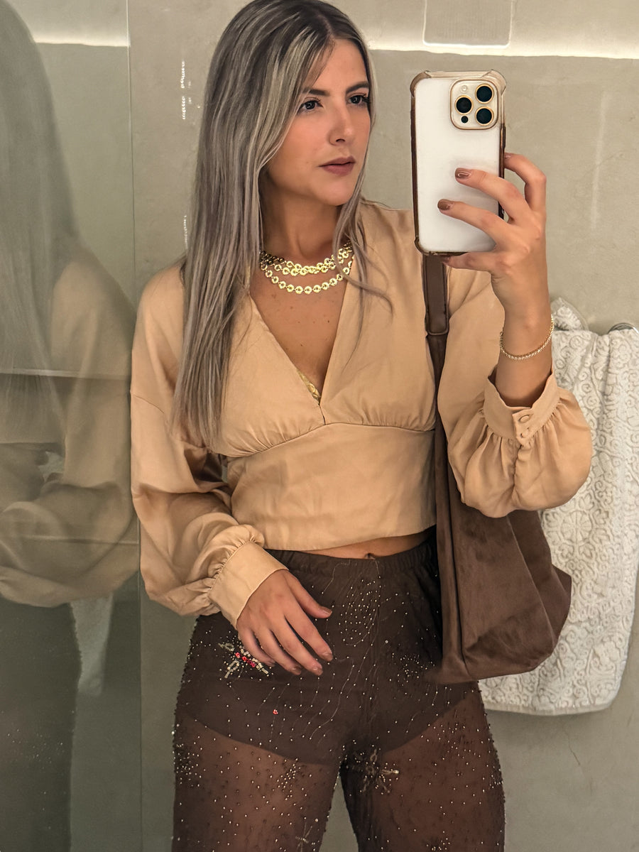 BROWN SUN BEADED SHEER HUGH WAIST PANTS