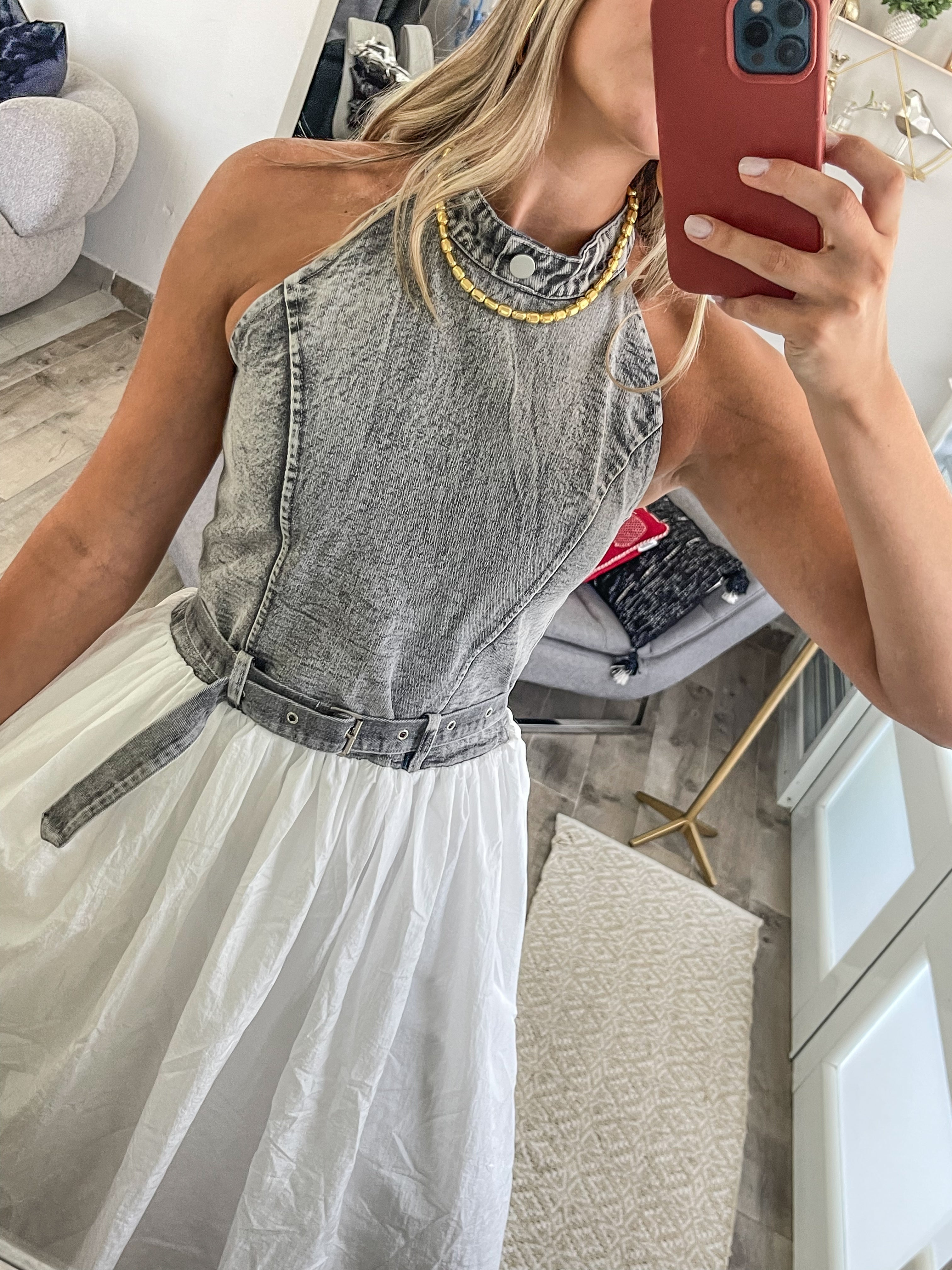 DENIM/ WHITE CONTRAST DRESS