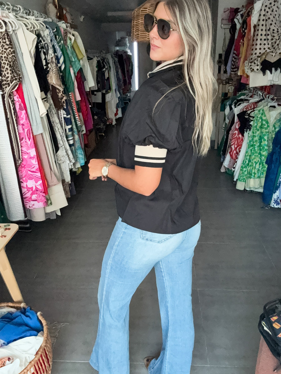 BLACK/MOCHA TRACK CONTRAST BLOUSE