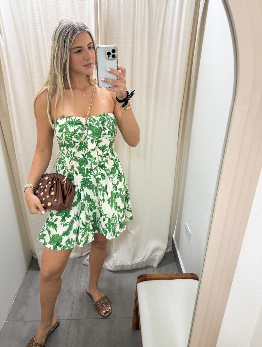 GREEN PRINTED STRAPLESS DRESS