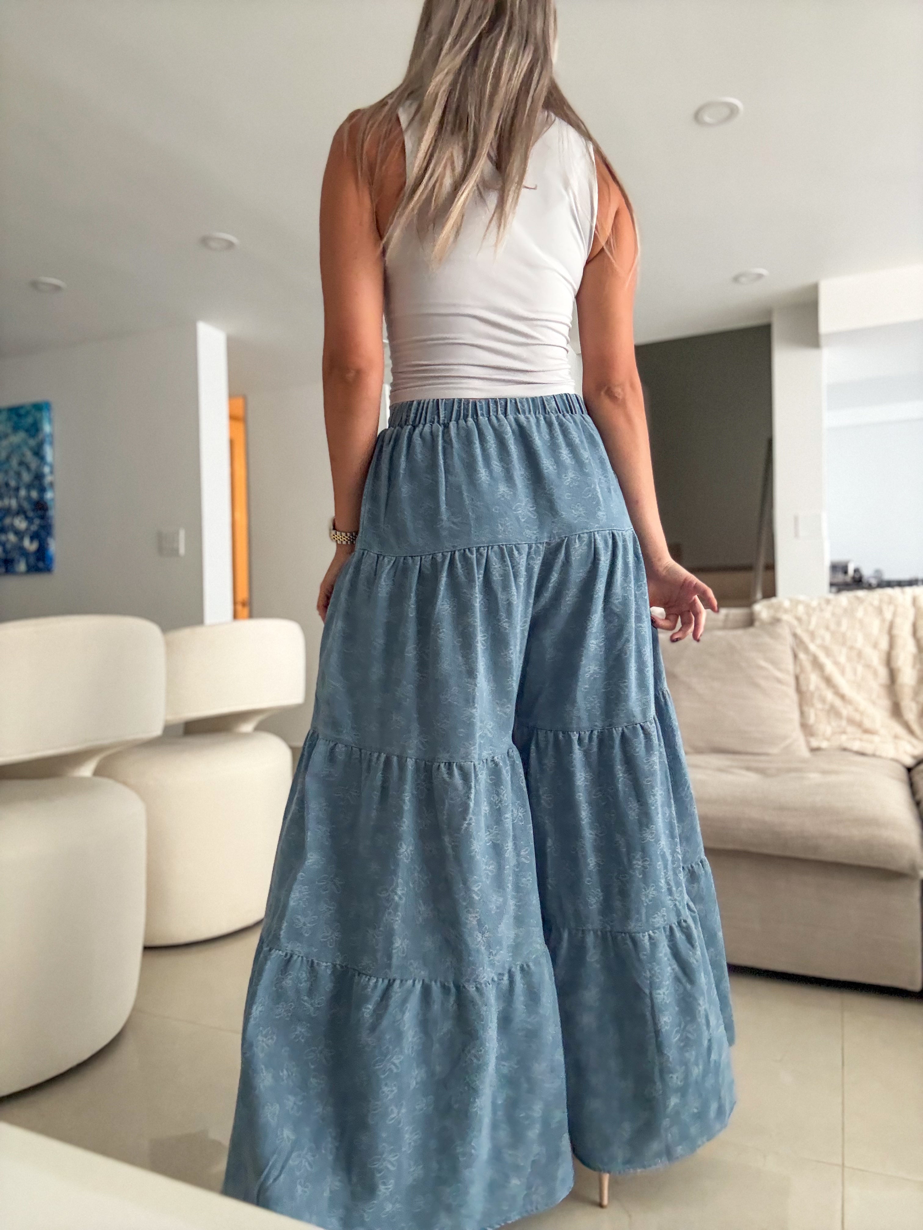 FLOWER DESIGN DENIM FLOWY PALAZZO PANTS