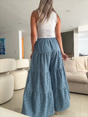 FLOWER DESIGN DENIM FLOWY PALAZZO PANTS