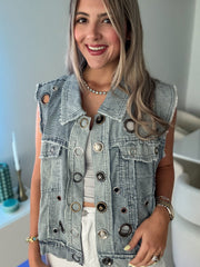 DENIM TRICOLOR METAL EYELET SLEEVELESS JACKET
