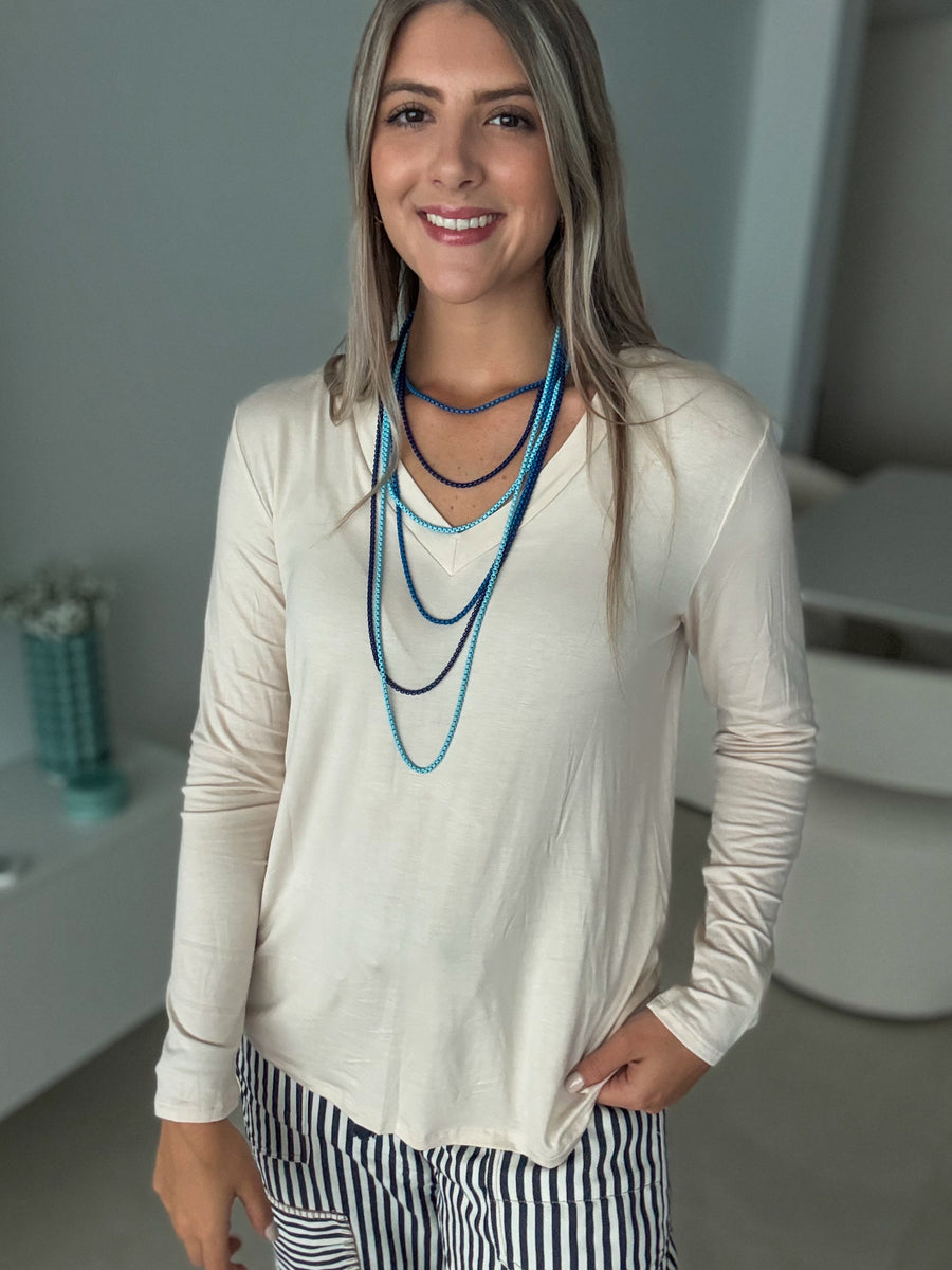 BONE WHITE V-NECK LONG SLEEVE TOP