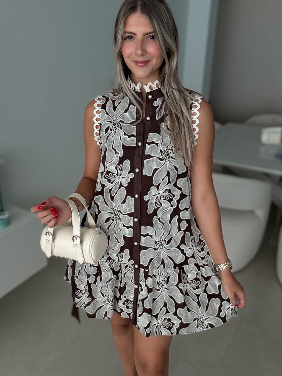 DARK BROWN EMBROIDED ELEGANT DRESS