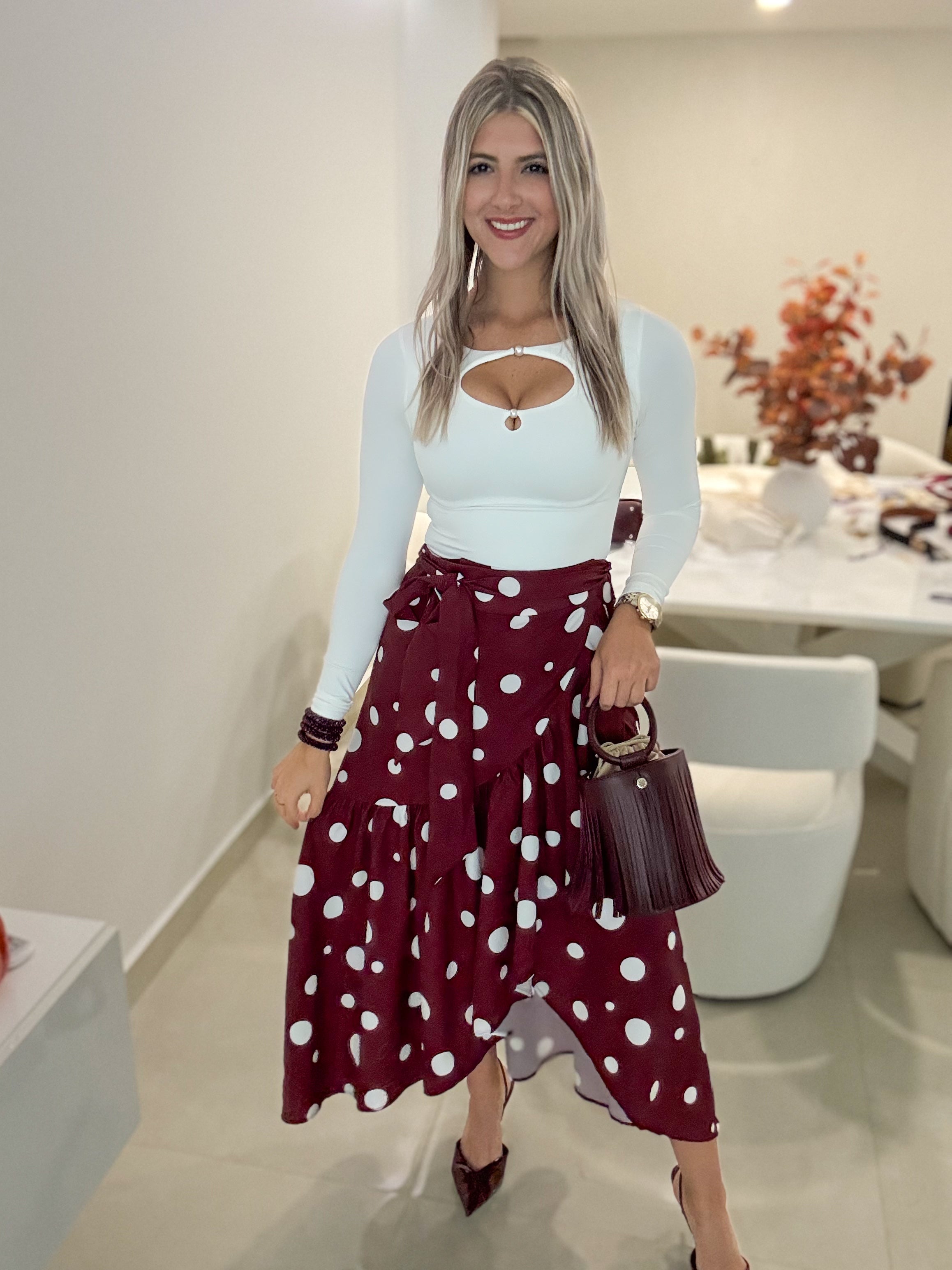 BURGUNDY POLKA DOT WRAP AROUND SKIRT