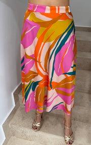 PRINTED SILKY HIGH LOW MIDI SKIRT