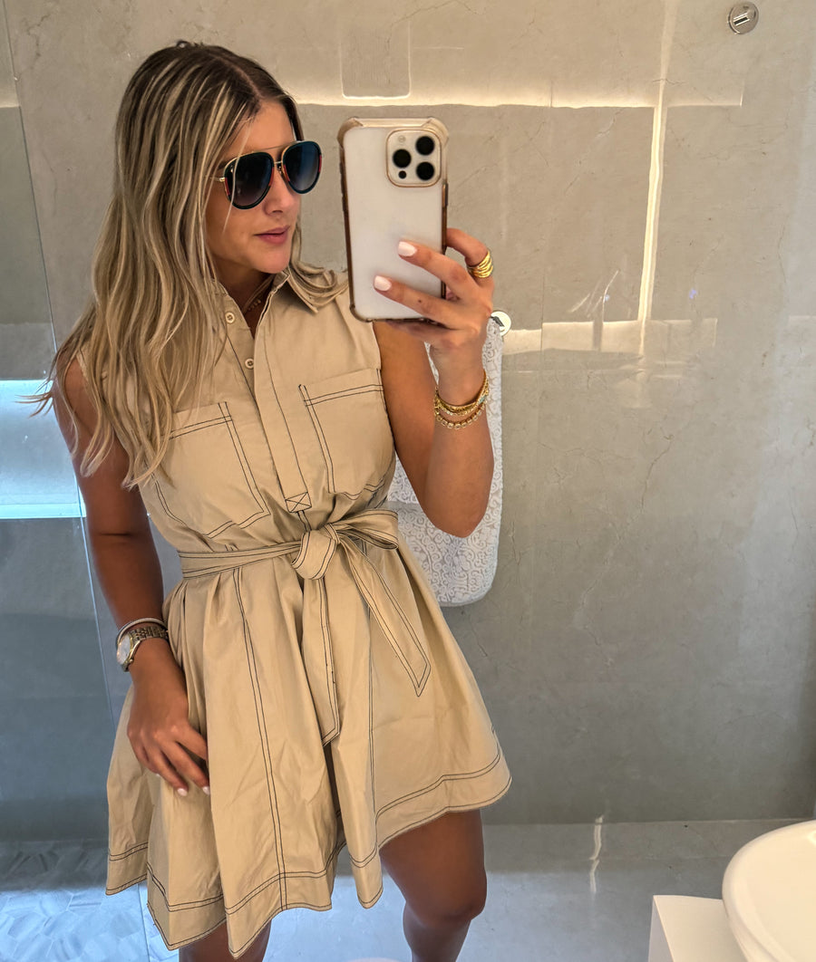 TAUPE STITCHING SLEVEELESS DRESS