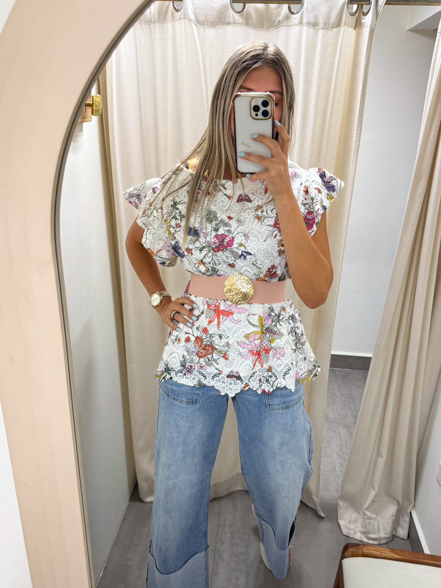 FLOWER PRINTED LACE BLOUSE