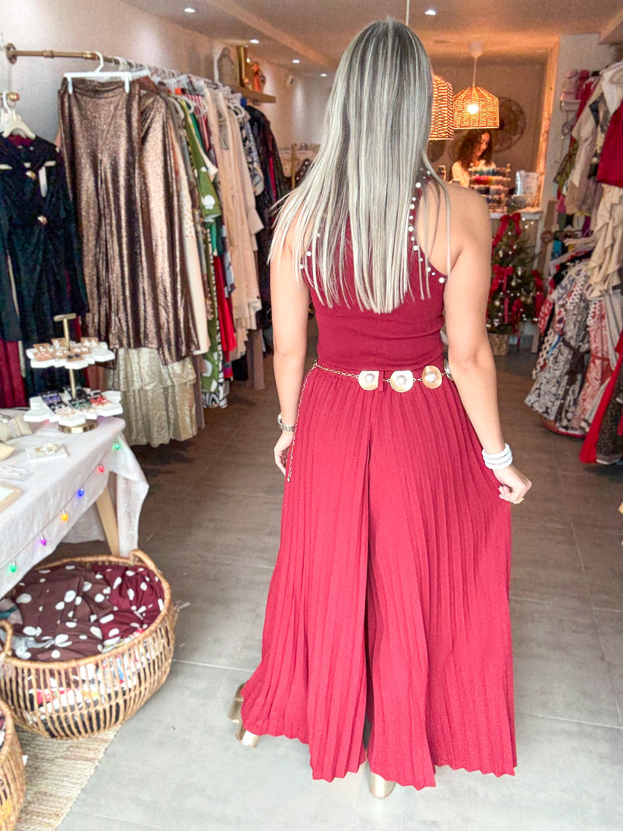 WINE PLEATED BELTED WIDE LEG PALAZZOS