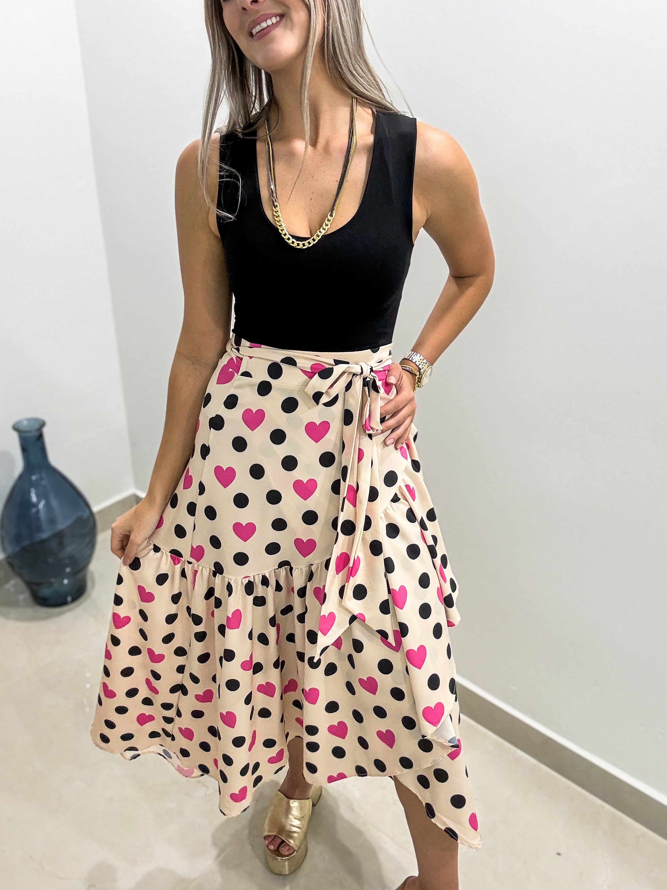 BEIGE/BLACK POLKA DOT HEART WRAP AROUND SKIRT